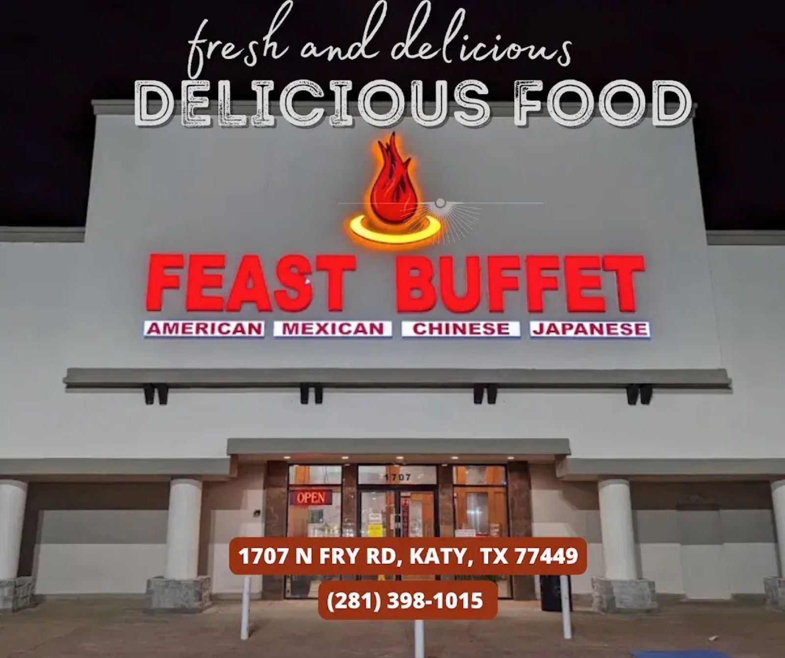 Feast Buffet building exterior at 1707 N Fry Rd Katy Texas at night